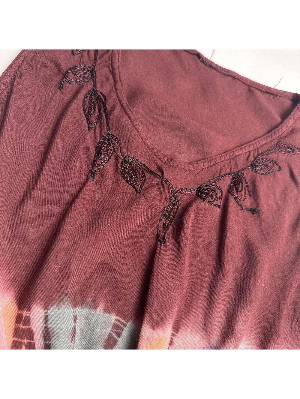 Boho Shibori Tie Dye High-Low Dress | Mauve Rose Sleeveless floral Embroidered - Picture 5 of 5